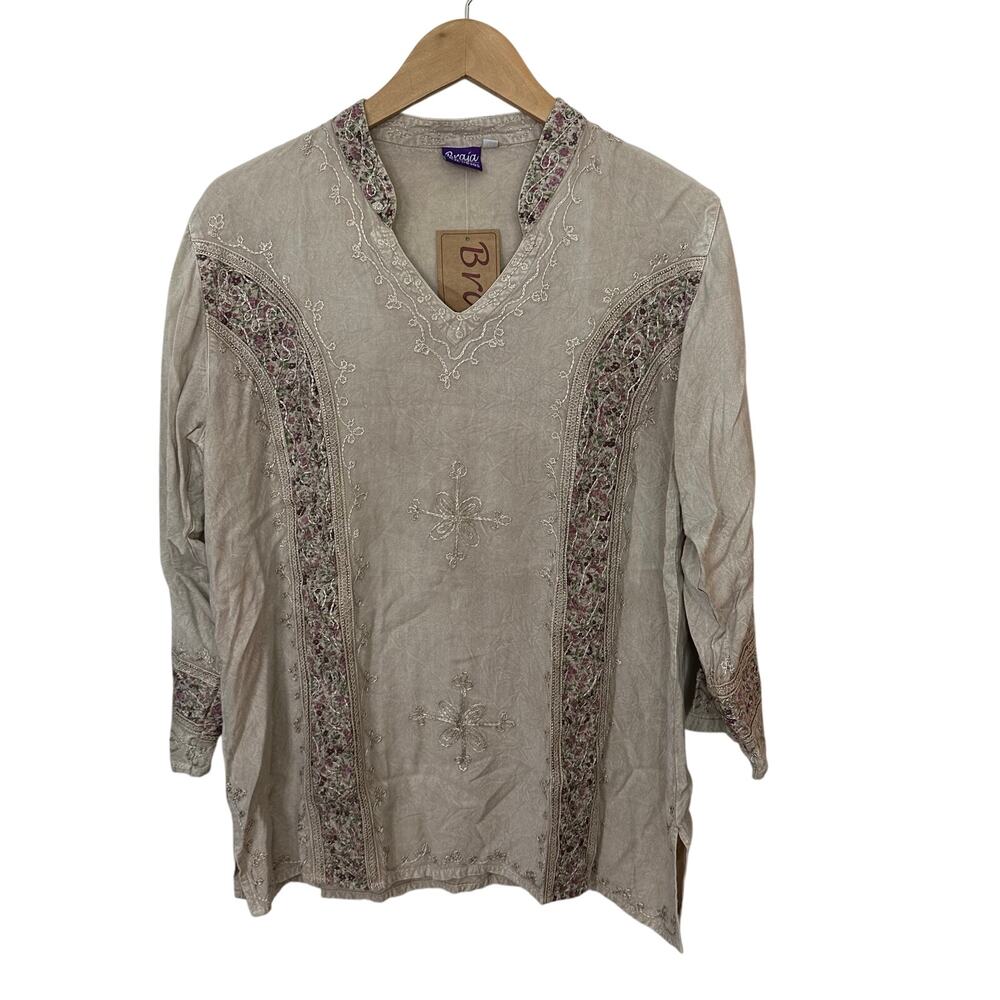 Fairy Boho Tunic‎ Top Womens Large Tan Purple Embroidered Festival Cottage Braja